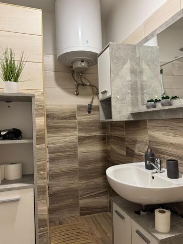 a bathroom with a sink and a mirror at Dodi Apartman in Vonyarcvashegy