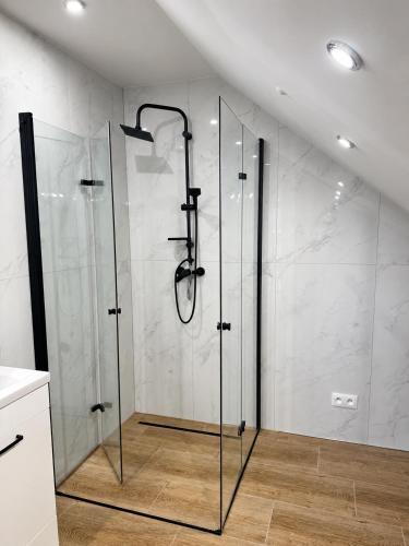 a shower with a glass door in a bathroom at Aura Poręba Żegoty in Poręba Żegoty