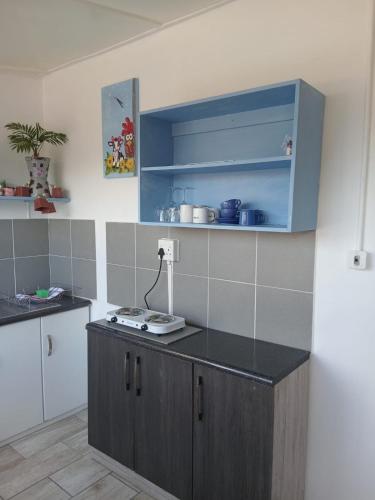 a kitchen with a counter and a blue cabinet at Feather Foot Self catering Accommodation in Heidelberg