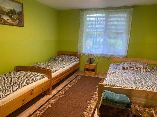 two beds in a green room with a window at Łabudówka in Polańczyk
