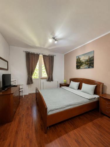 a bedroom with a bed and a desk and a television at Cabana Xtreme - Valiug in Văliug