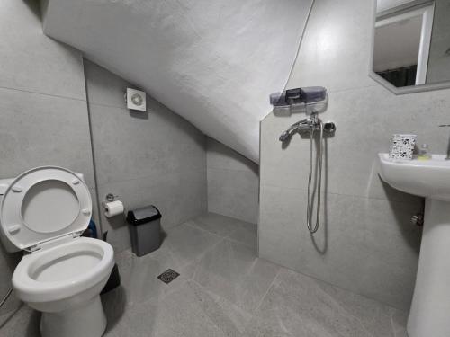a bathroom with a shower and a toilet and a sink at Vila Sokrati in Mursi
