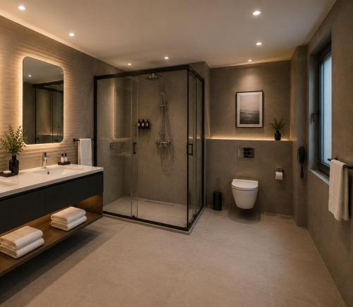 a bathroom with a shower and a sink and a toilet at T h e V o i d Hotel - Just Steps From Osmanbey Metro Station in Esenyurt