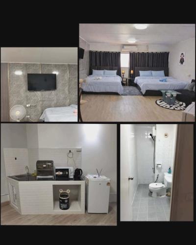 a collage of four pictures of a hotel room at popular condo c5 แม่ตัง in Thung Si Kan