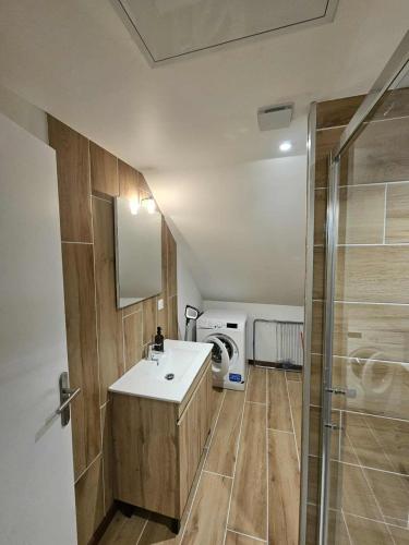 a bathroom with a sink and a washing machine at Le chalet chartreux in Sarcenas