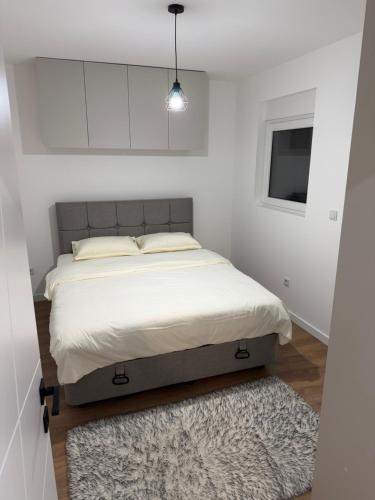 ein Schlafzimmer mit Bett, Fernseher und Teppich in der Unterkunft Vila Arcadia in Berane