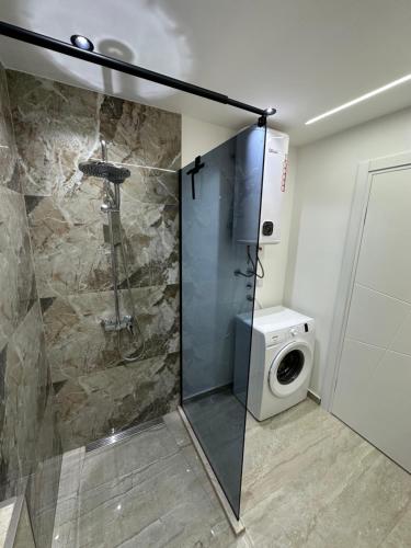 ein Badezimmer mit Dusche und Waschmaschine in der Unterkunft Vila Arcadia in Berane