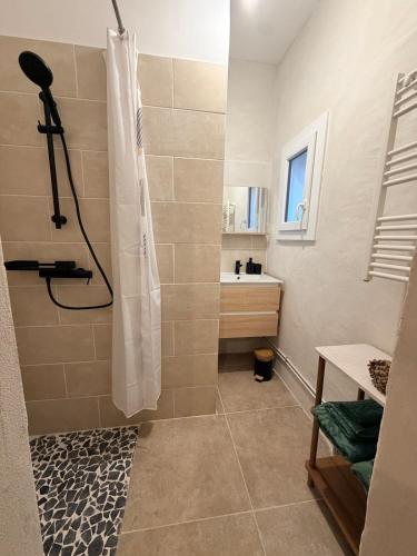 a bathroom with a shower and a sink at logement tranquille avec jardin in Saint-Germain-et-Mons
