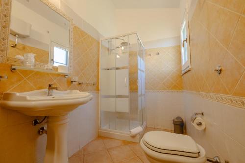 a bathroom with a toilet and a sink and a shower at Agriturismo Is Cortillaris in Càbras