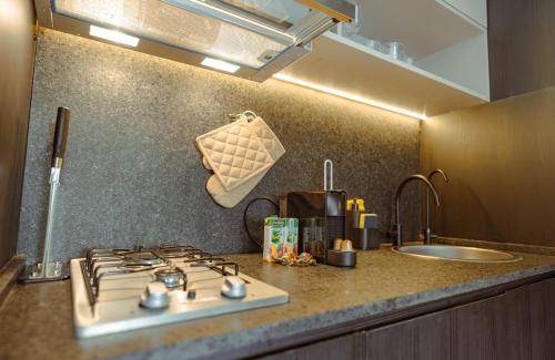 a kitchen counter with a stove and a sink at Elegante estudio in Buenos Aires