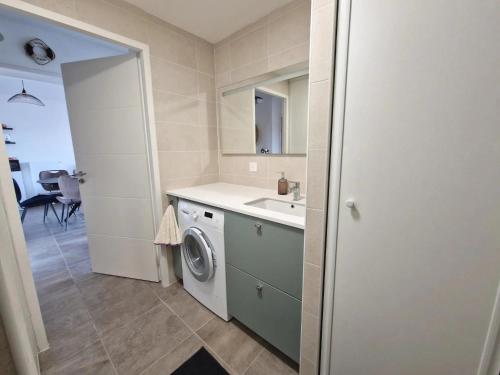 a bathroom with a washing machine and a sink at La Perle bleue in Berck-sur-Mer