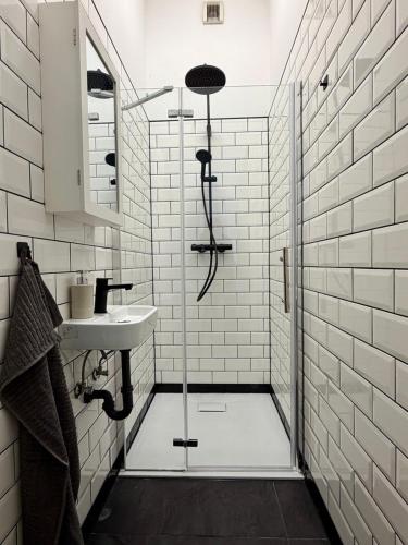 a bathroom with a shower and a sink at Bauhaus Suite Dessau in Dessau