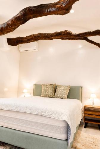 ein Schlafzimmer mit einem Bett, über dem ein Ast hängt in der Unterkunft Villa Benjamin in Mílatos