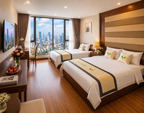a hotel room with two beds and a view of a city at Moonlight Hotel & Suites - Highfloor view of the city center and Dragon Bridge in Danang