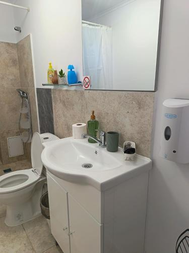 a bathroom with a white sink and a toilet at Apartamente 9 Teo in Baile Felix