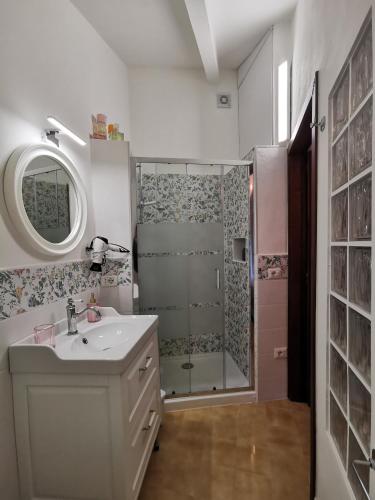 a bathroom with a sink and a shower at B&B Il Merlino in Chiaserna