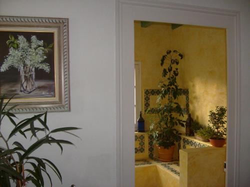 un couloir avec des plantes en pot et une peinture sur le mur dans l'établissement Le Mas de la Griotte, à Bormes-les-Mimosas
