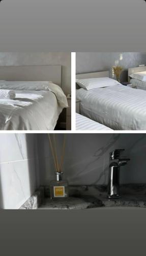 two pictures of a bedroom with a bed and a sink at Guest house 97 in Karakol