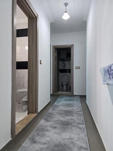 ein Flur mit einem Badezimmer mit Toilette und einem Teppich in der Unterkunft Elfida Apart in Datca