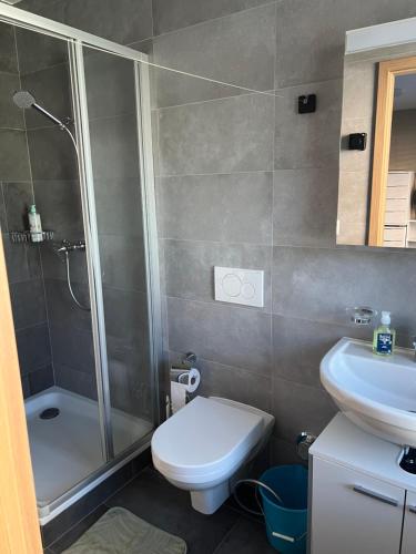 a bathroom with a shower and a toilet and a sink at Lake Studio in La Tour-de-Peilz