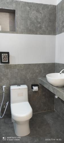 a bathroom with a white toilet and a sink at Villa Mina beachhouse in Jambiani