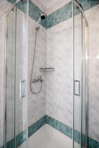 a shower with a glass door in a bathroom at Corfu Dream Holidays Villas in Glyfada
