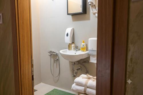 a bathroom with a sink and a shower at Apartment Wonderland in Niš