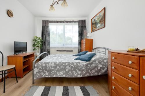 a bedroom with a bed and a dresser and a window at Hołcyna 21 in Brenna