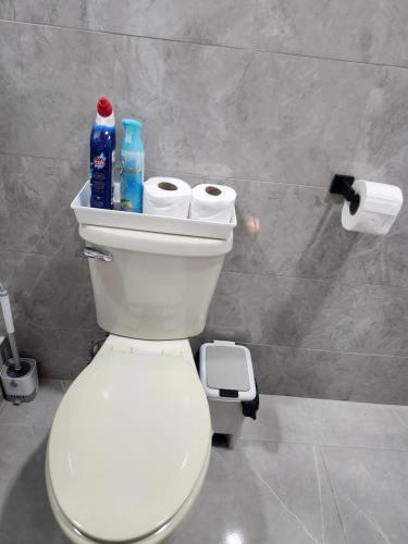 a bathroom with a toilet with two rolls of toilet paper at K&C RENTALs in Mount Gay