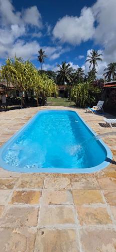 a blue swimming pool with palm trees in the background at Pousada Parque dos Coqueiros in Piaçabuçu