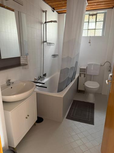 a bathroom with a sink and a tub and a toilet at Ferienwohnung Auszeit in Vöhl