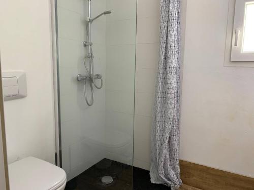 a bathroom with a shower and a toilet at Casa SONEA private access to Cala nBrut. in Cala en Blanes