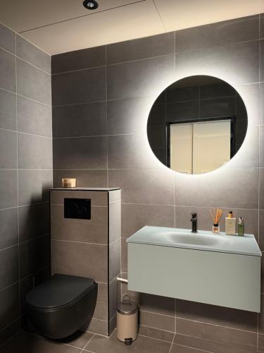 a bathroom with a toilet and a sink and a mirror at The Cozy Nook - Modern scandinavisk Studio in Kristianstad
