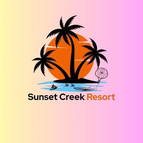 a tropical island with two palm trees and a sunset greek resort at Sunset Creek in Harīpur