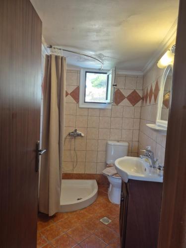 a bathroom with a toilet and a sink at Nektaria on the Beach in Fournoi