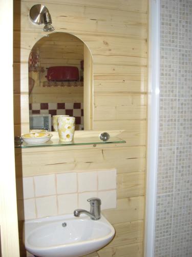 a bathroom with a sink and a mirror at Rêve de roulotte in Apt