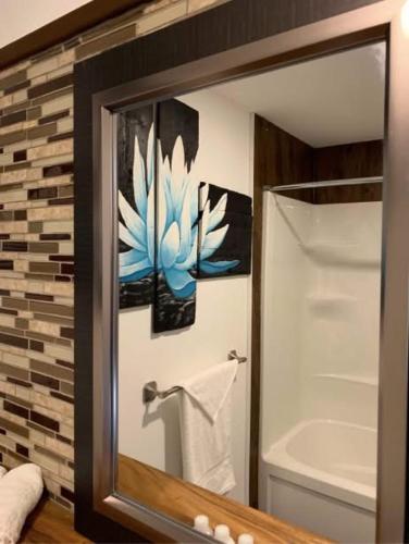a bathroom mirror with a picture of a blue flower at La Spacieuse Riverstone CITQ3O1849 in Saint Pierre de Broughton