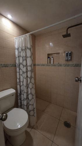 a bathroom with a toilet and a shower at Hotel Siesta Escamela in Ixtaczoquitlán