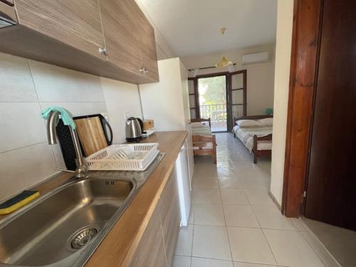 a kitchen with a sink and a living room at House Nativa in Mola Kalyva