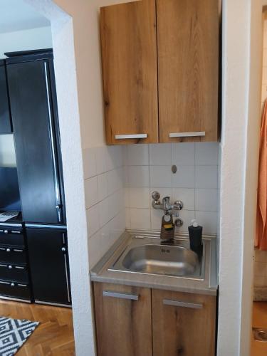 a kitchen with a sink and a black refrigerator at Аpartman CACA in Pančevo