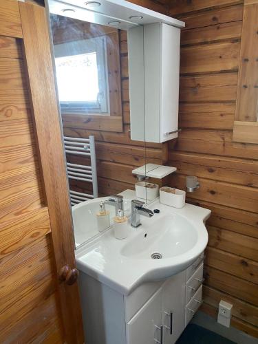 a bathroom with a white sink and a mirror at Haus der Sinne in Buddenhagen