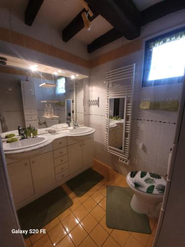 a bathroom with two sinks and a toilet at La symphonie des oiseaux in Villelongue-dʼAude
