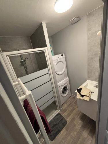 a bathroom with a washing machine and a washer at Le repos des sommets in La Bourboule
