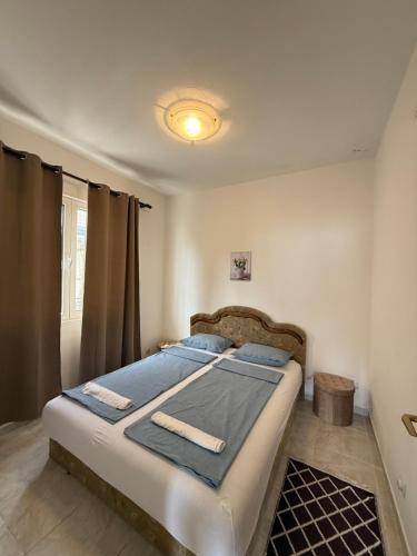 a bedroom with a large bed with blue sheets at Vista View Apartments in Risan