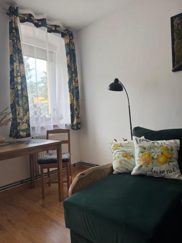 a living room with a green couch and a table and a window at Apartament Zimowa 16 in Srebrna Góra