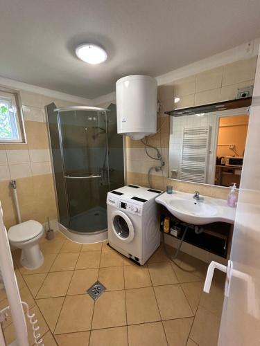 a bathroom with a washing machine and a sink at Summer Apartments in Tiszakécske
