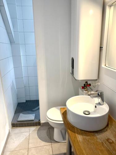 a bathroom with a white toilet and a sink at Koala Surf House, en bord d'Océan, planches de surf et skates à disposition in Hossegor
