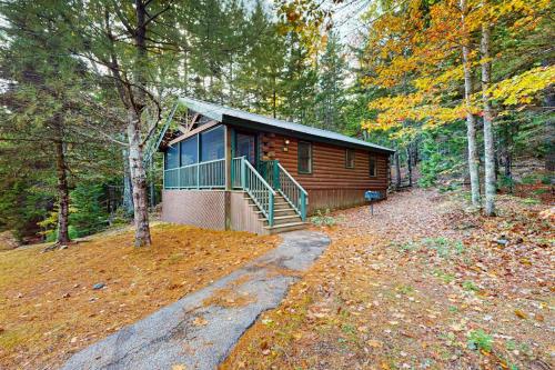 a log cabin in the middle of a forest at Comfortable two bedroom cabin with firepit, kitchen, hiking trail within walking in Northport