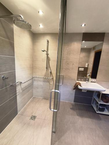 a bathroom with a shower and a sink at Putz Appartements in Gröbming