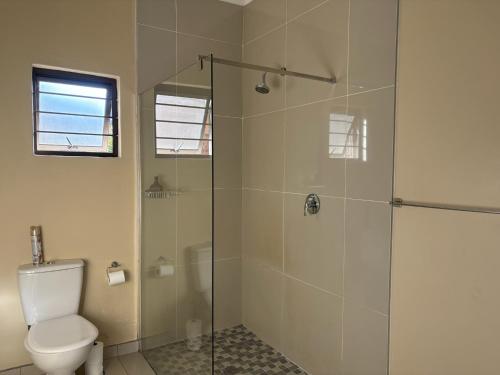 a bathroom with a toilet and a glass shower at SnaMel's in Waterfall